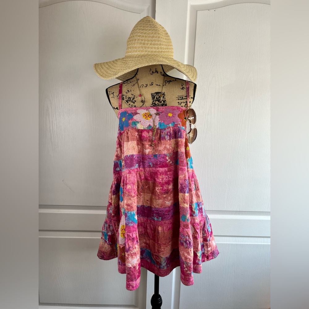 Kimchi Blue 100% Cotton Floral Boho Tiered Babydoll Mini Dress | Pink & Purple